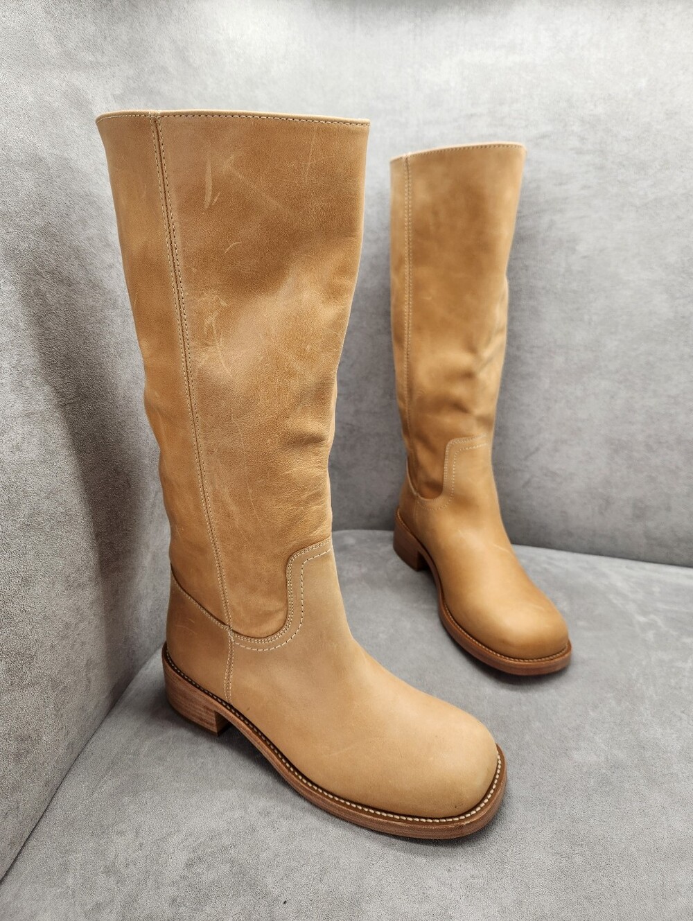 Steve Madden Knee High Boots 5.5 Tan Leather Riggs Biker Chunky Pull On New $200 - Picture 7 of 17